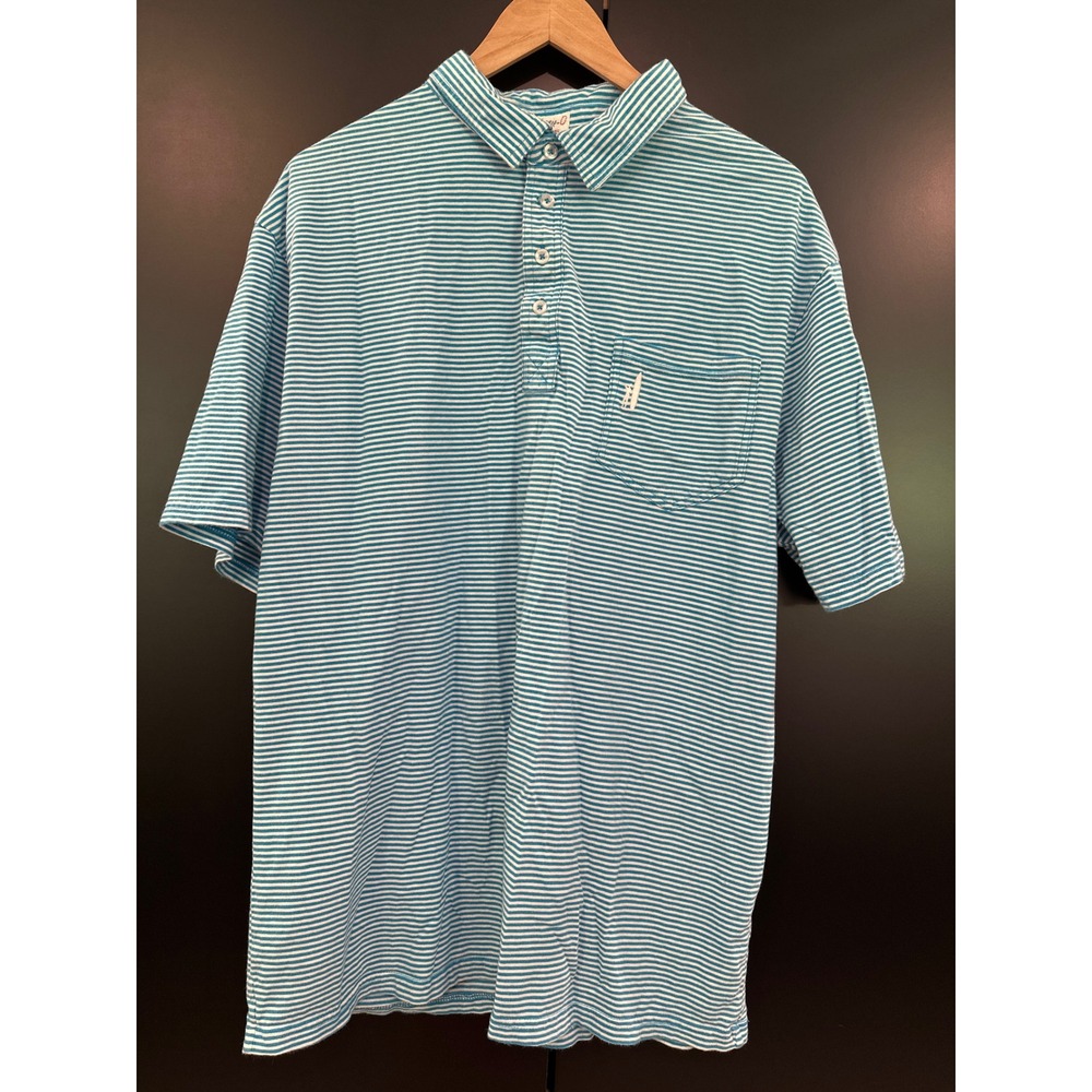 Johnnie-O Mens XL Polo Shirt Striped Turquoise Blue White Cotton Short Sleeve
